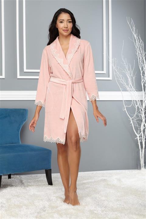 Nuşa Kadın Pudra Dantelli Bambu Cotton Sabahlık