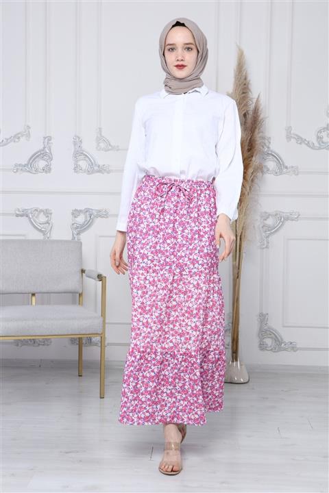 ilmek Kadın Pembe Çiçek Desenli Kloş Etek 5268