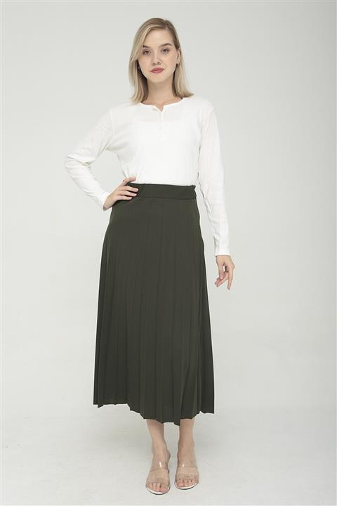 Yağızlar Kadın Haki Piliseli Beli Lastikli Etek