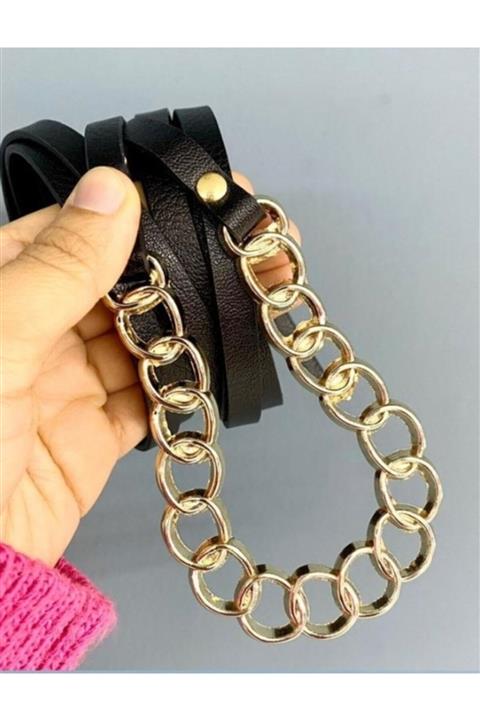 BellaVino Kadın Siyah At Nalı Gold Zincir Tokalı Kemer R50t