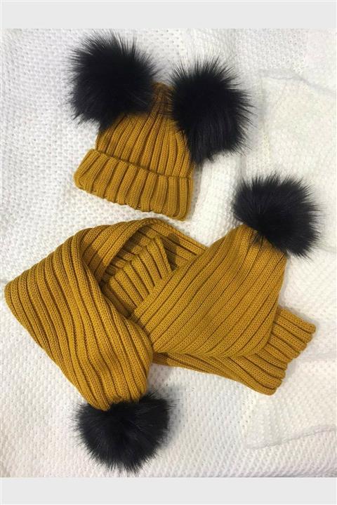 EKstore 4 Ponponlu Unisex 2’li Çocuk Bere Takımı - Hardal