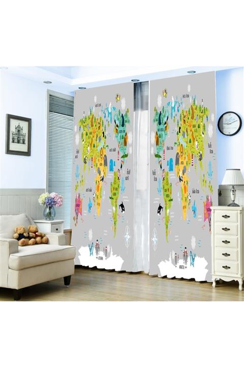 HOMESSA Haritalı  Çocuk Odası Fon Perde 140x200  cm