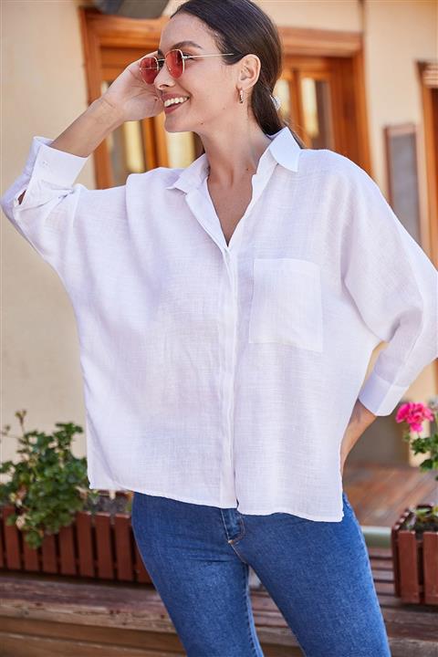 armonika Kadın Beyaz Cepli Salaş Keten Gömlek ARM-21Y001035