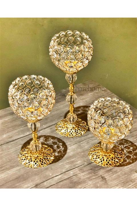 Hdy HM 3'lü Gold Taşlı Şamdan Mumluk