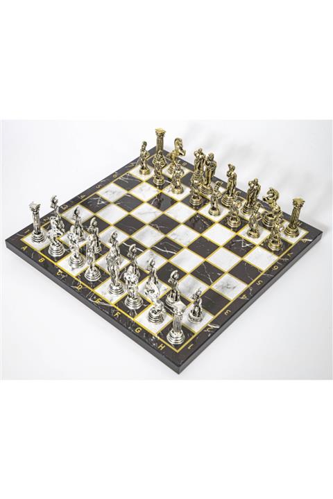 CİMCİME OYUNCAK Cormo3 Lüks Metal Satranç Takımı Krom Kaplama Roma Ordusu & Siyah Mermer Desenli Tahta