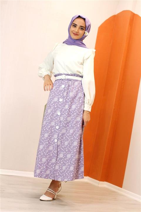 Modesty Lila-çiçek Desenli Etek