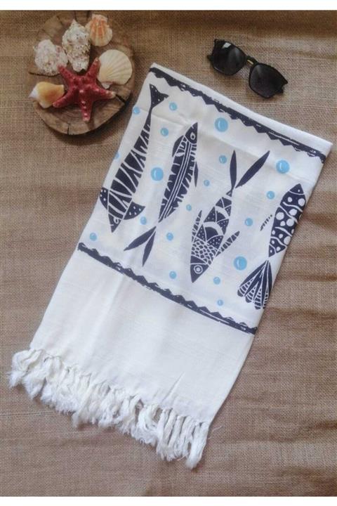 Rue Tasarım Mavi Baloncuklu Balık Desenli Bamboo Peştemal