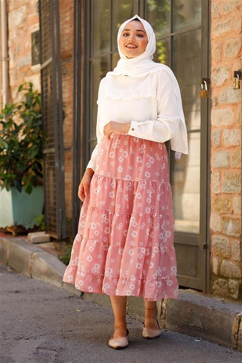 InStyle Kasımpatı Desen Astarlı Şifon Etek - Pudra