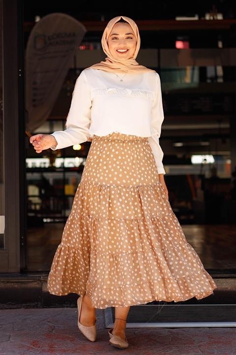 InStyle Puantiyeli Astarlı Şifon Etek - Vizon