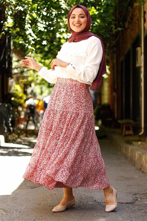 InStyle Lastikli Çıtır Desen Astarlı Şifon Etek - Açık Pembe