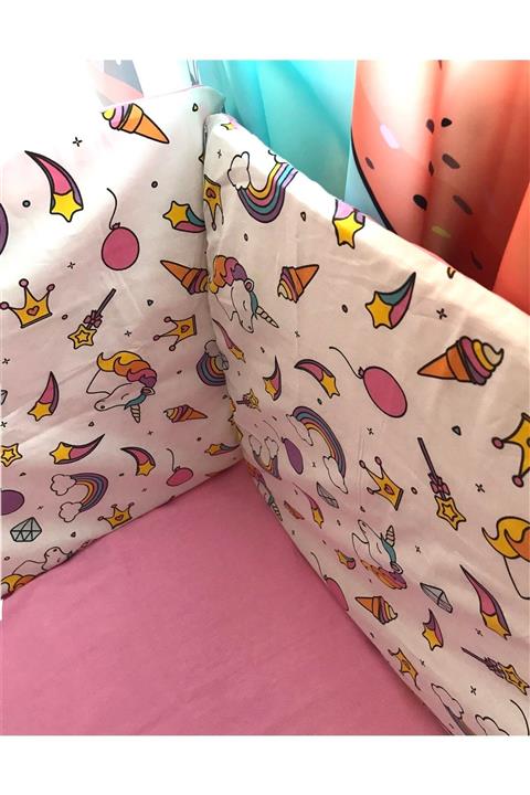 Bebek Özel Bebek Çocuk Beşik Kenar Koruma 70x140 Beşik Için (4 Parça) Unicorn Pembe