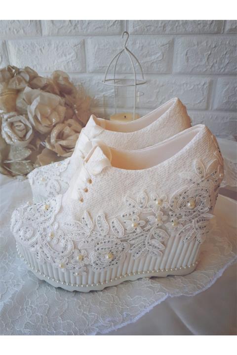 Modavien Kadin Beyaz Yuksek Dolgu Konforlu Convers Gelin Ayakkabi