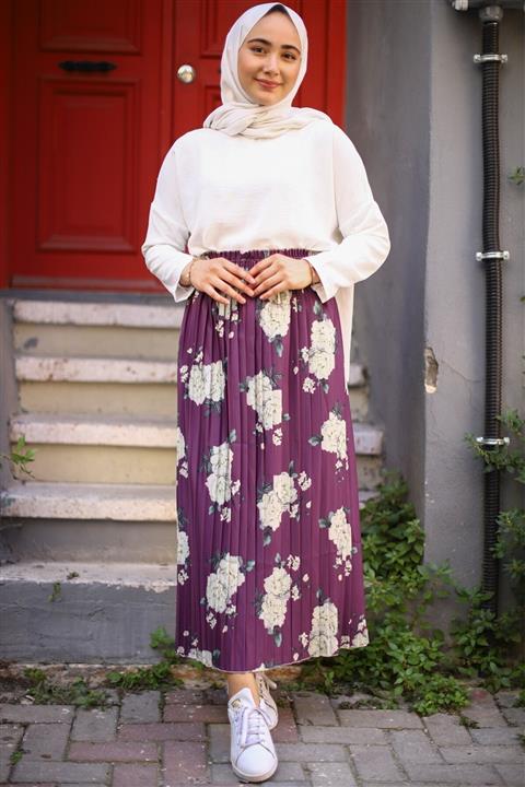 InStyle Çiçek Desen Pileli Etek - Mor