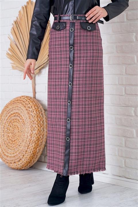 Afilva Kadın Deri Detaylı Düğmeli Gül Kurusu Etek