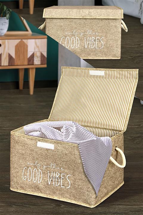 Meleni Home Keçe Kapaklı Düzenleyici Mini Kutu - Çok Amaçlı Saklama Kutusu Hurç 35 X 24 X 24 Cm Bej