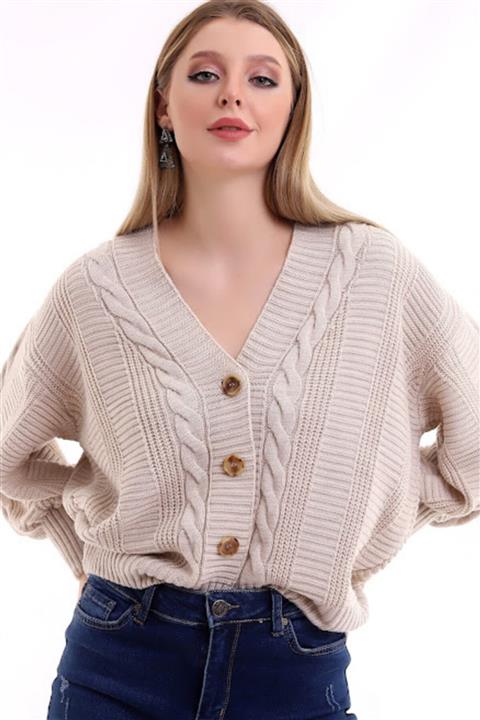 Devinka Kadın Taş Rengi Saç Örgülü Triko Hırka