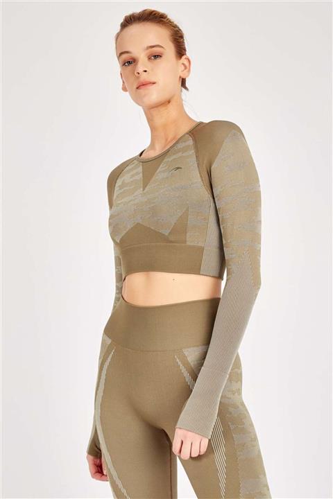 MARATON Haki Kadın Dokulu Seamless Dikişsiz Uzun Kollu Crop Top