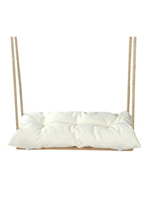 Bysay Ahşap Jüt Halatlı Puf Minderli Salıncak. Evde Bahçede Piknikte (krem)