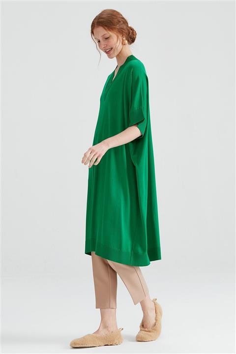 Tığ Triko V Yaka Rayon Süveter Tunik Benetton Yeşili