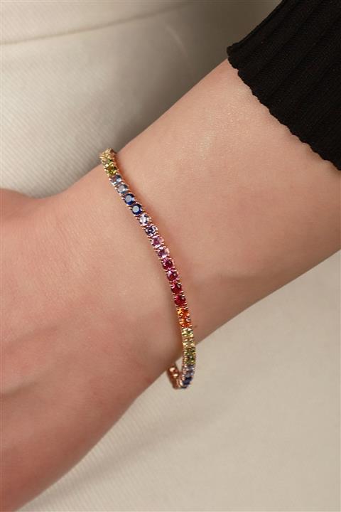 Necati Gün Renkli Sıra Taşlı Su Yolu Rose Gold Kaplama Gümüş Bileklik