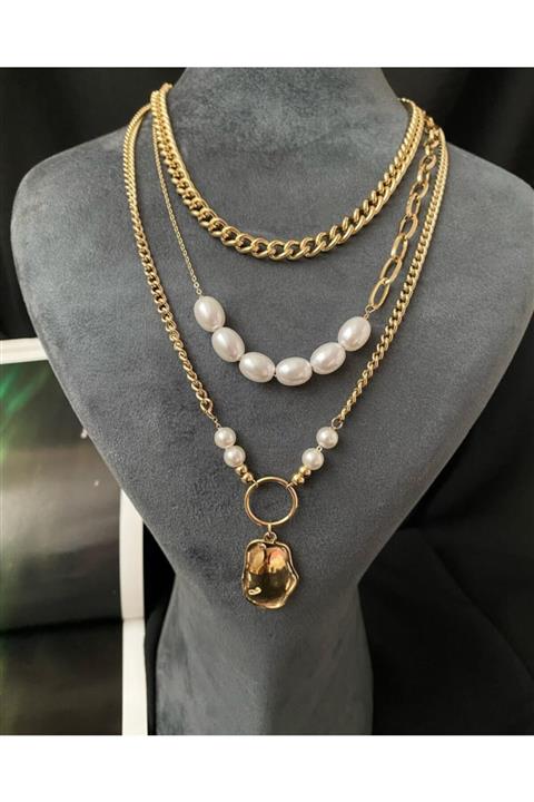 Boon Bijuteri Çelik Üçlü Inci Detaylı Kolye