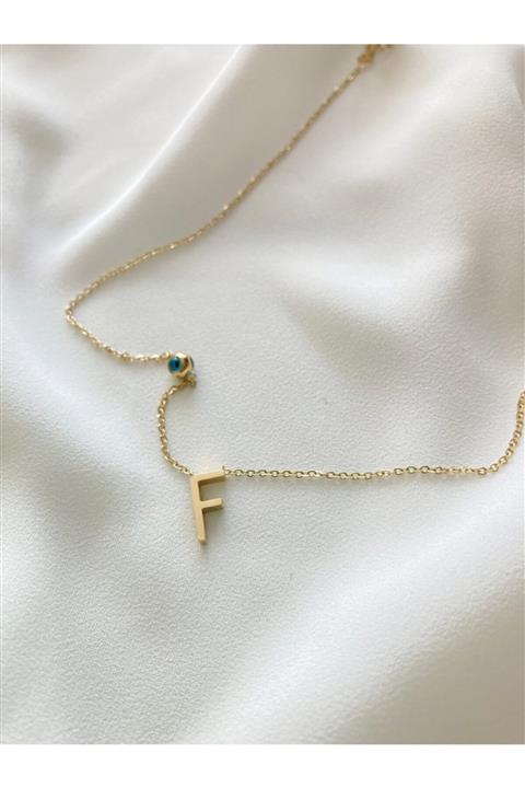 Bestofcase Altın Renk Mavi Nazar Boncuklu İnce Zincirli Içi Dolu F Harfi Pirinç Kolye K48