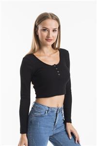 ladyzey Kadın Siyah Önü Çıtçıtlı U Yaka Kaşkorse Crop Top