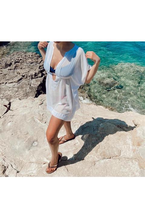 Modexto Beyaz Renk Yarı Transparan Pareo