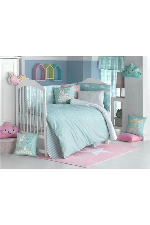 AYZEN HOME Mint Renk Ve Bulut Kombinli Beşik Kenar Koruma Ve Nevresim Takimi