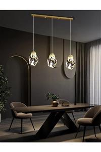 Luna Lighting Modern Concept Kristal Camlı Gold Detaylı 3'lü Sıralı Sarkıt Ledli