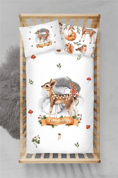 Tuğba Kuğu Beyaz Geyik Desenli Organik Bebek Nevresim Takımı