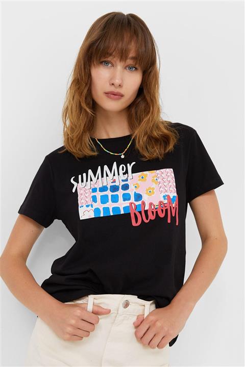 Stradivarius Kadın Siyah Desenli T-Shirt