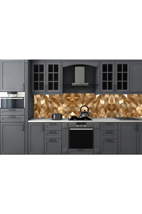 Renkli Duvarlar Mutfak Tezgah Arası Altın Sarısı Desen Geometrik