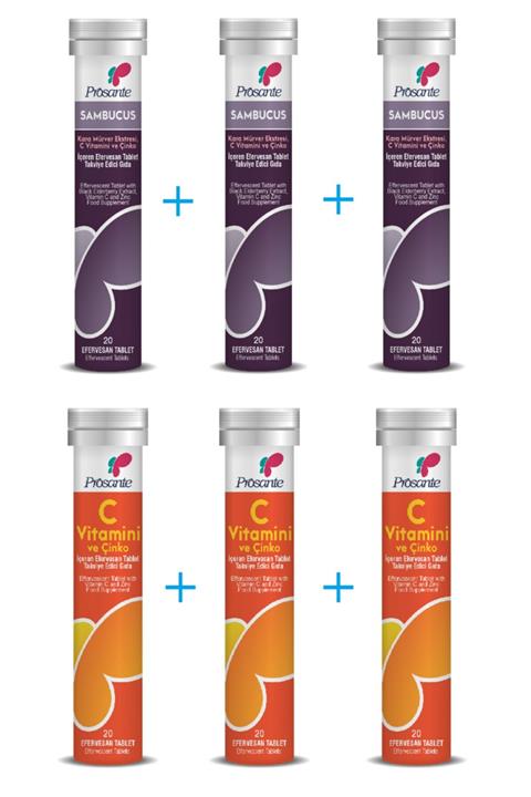 Prosante Sambucus Kara Mürver 3 Adet + C Vitamini Ve Çinko Içeren Efervesan 3 Adet Tablet (6'lı Set)