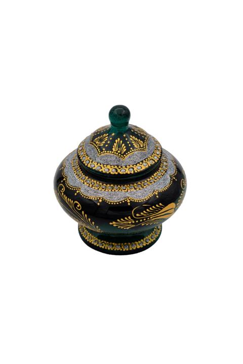 MiniPoni Özel Üretim - Yeşil Siyah Tamamen El Yapımı Kütahya Yaldız Çini Işlemeli Şekerlik