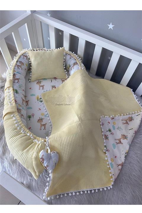Jaju Baby Sarı Wafle Pike Kumaş Ceylan Tasarım Ponponlu 3'lü Babynest Set