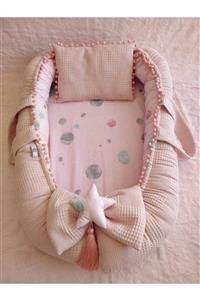 Raduga Collection Pamuklu Waffle Pike, Poplin Kumaş Ponponlu Babynest + Yastık Pembe