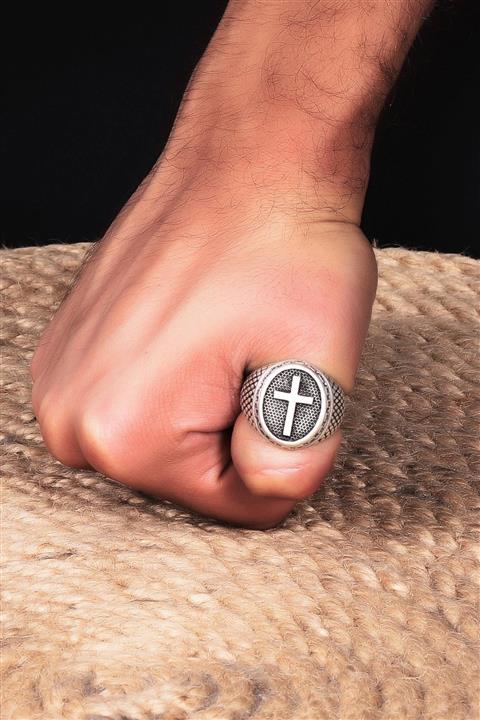 LABALABA Erkek Antik Gümüş Kaplama Ayarlanabilir Haç Simgeli Başparmak Yüzük