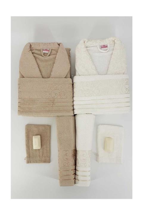 Nurpak Unisex Yetişkin Aile Bornoz Seti Deren 10 Parça Kahve-krem Std