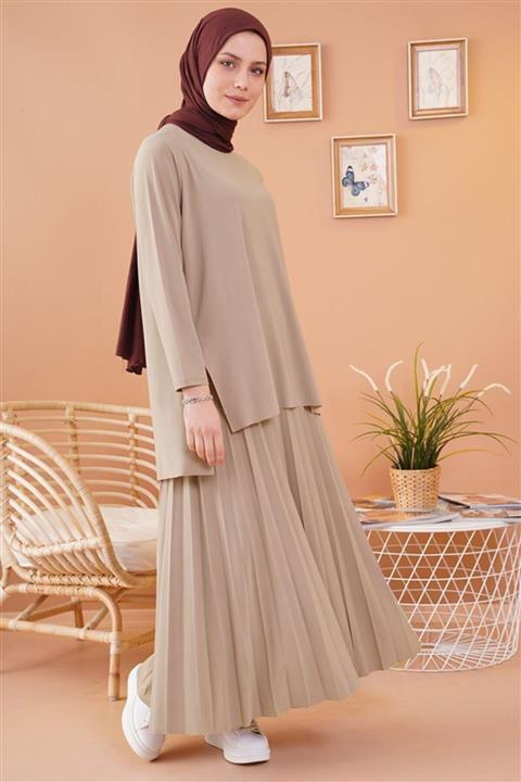 Afilva Kadın Bluz Etek Vizon Ikili Takım