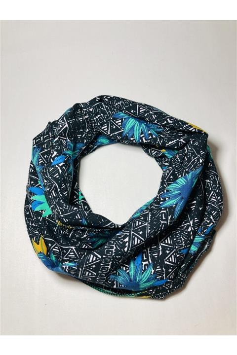 kubbe Mavi Çiçek Desenli Çizgi Detay Fular