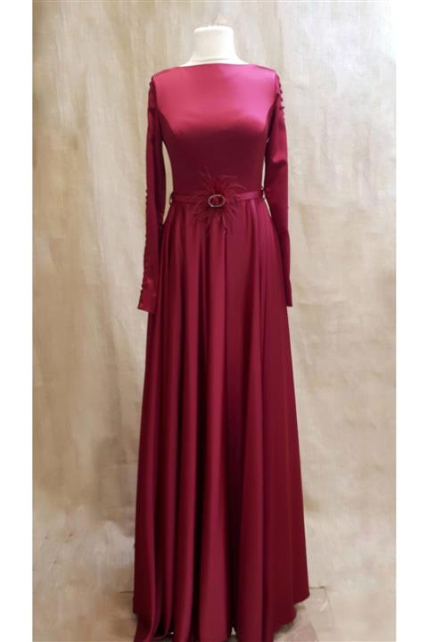 BAYRAKLI Kadın Saten Fuşya Pembe Kloş Etek Beli Kemerli Tesettür Abiye Elbise