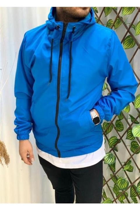 MARKA KRALI Erkek Mavi Kapüşonlu Mevsimlik Rüzgarlık Fermuarlı Yağmurluk