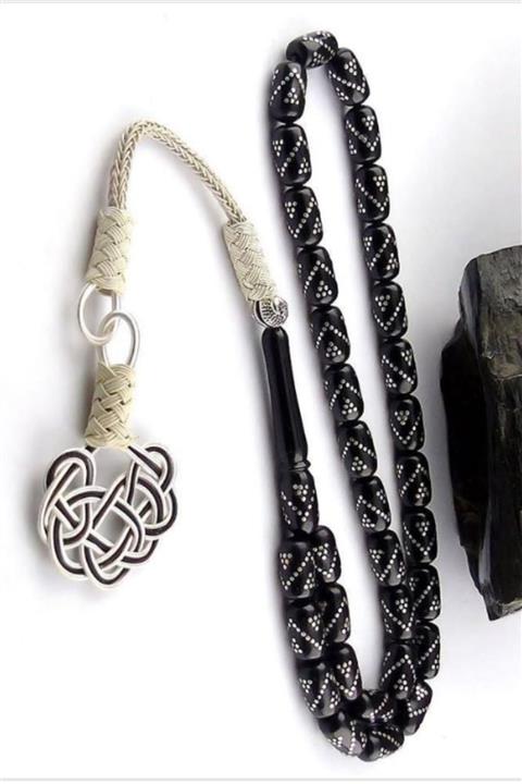 Taşhane 925 Ayar Gümüş Püsküllü Kesme Model Gümüş Işlemeli Oltu Taşı Tesbih