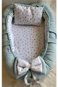 Raduga Collection % 100 Pamuklu Waffle Pike, Poplin Kumaş Ponponlu Babynest + Yastık Yeşil