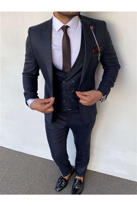Phimoda Erkek Lacivert  Slim Fit Düz Model Takım Elbise Ceket Yelek Pantolon