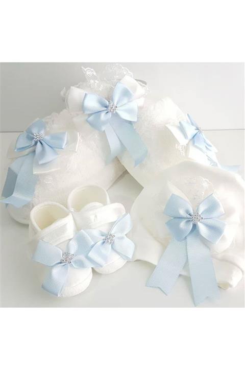 by BebekOdam Taşlı Tüllü Kurdeleli 4 Lü Lohusa Seti - Açık Mavi