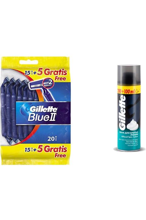 Gillette Blue2 Normal Tıraş Bıçağı 20'li Poşet+ Tıraş Köpüğü 300 Ml