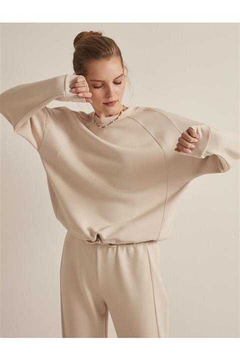 Jimmy Key Kadın Bej Beli Bağlamalı Bol Kesim Sweatshirt