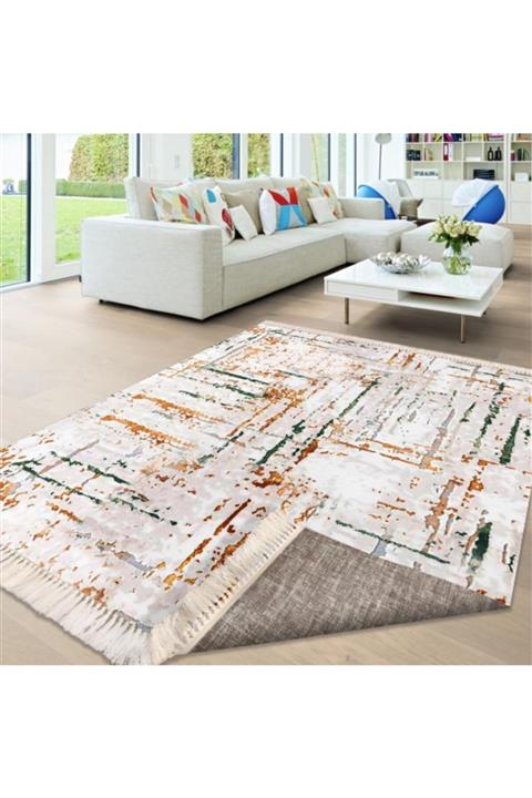 MİLANO HALI 100x300 Kaymaz Tabanlı Makinada Yıkanabilir Kırçıllı Krem Desenli Yolluk -